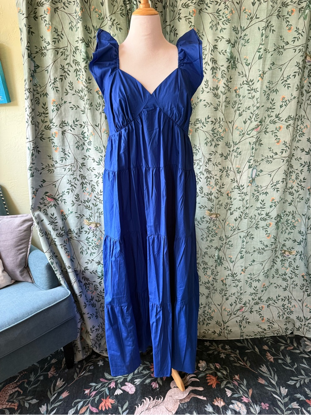 Modcloth Ruffled Shoulder Tiered Maxi Dress in Cobalt Blue